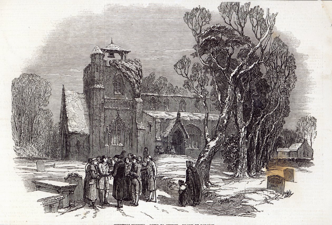 Mañana de Navidad: Yendo a la Iglesia, grabado por W.J. Linton, de 
