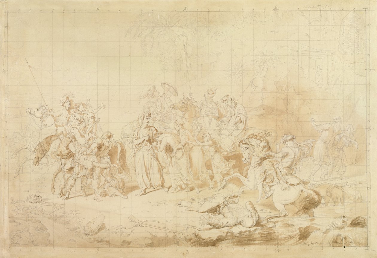 Banditti del Kurdistán ayudando a los georgianos a sorprender y llevarse a las mujeres circasianas c.1827-28 (pluma y tinta marrón sobre papel de trama) de George Hayter