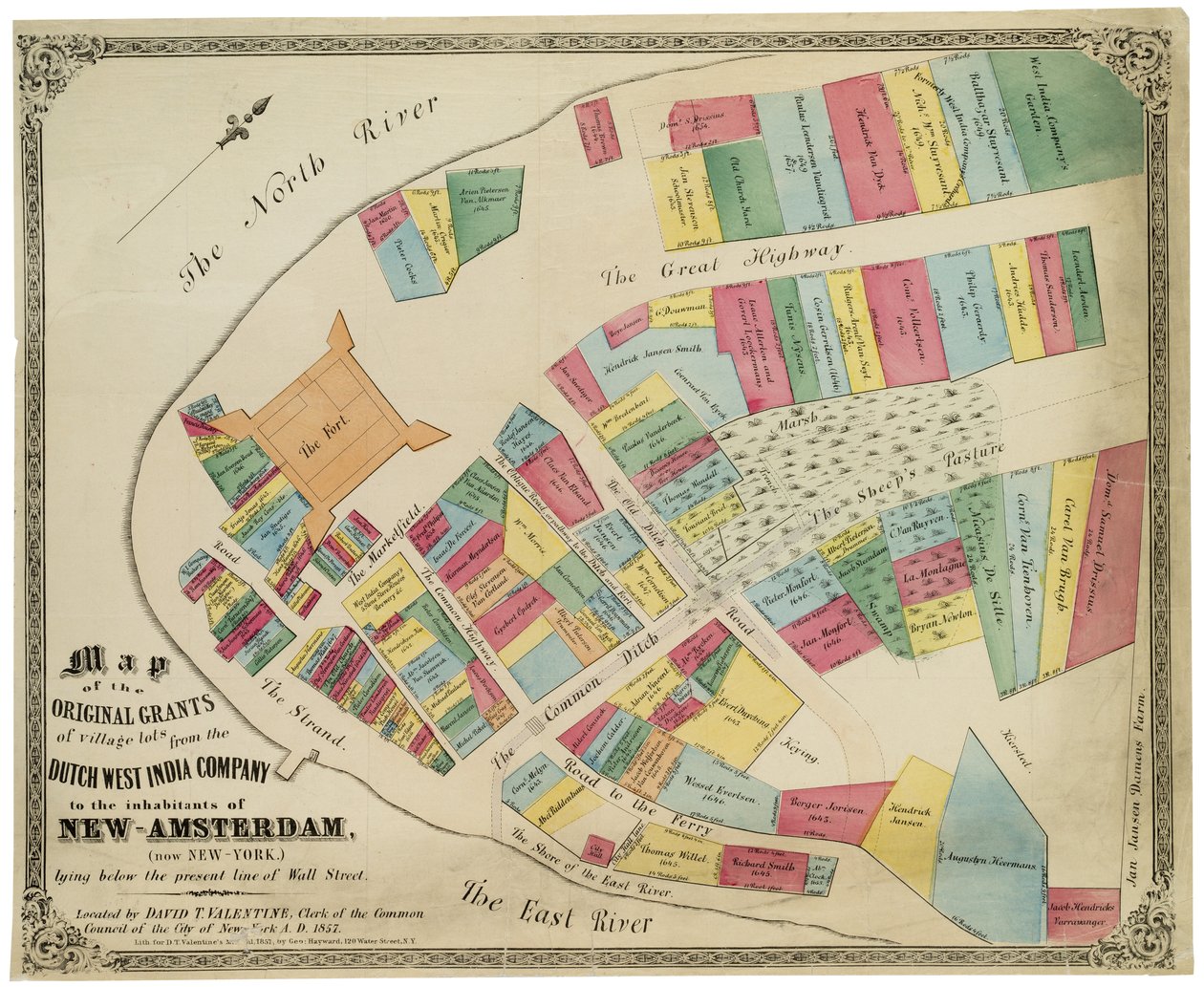 Mapa de las concesiones originales de lotes de aldeas de la Compañía Holandesa de las Indias Occidentales a los habitantes de Nueva Ámsterdam (ahora Nueva York) debajo de la línea actual de Wall Street, 1857 de George Hayward