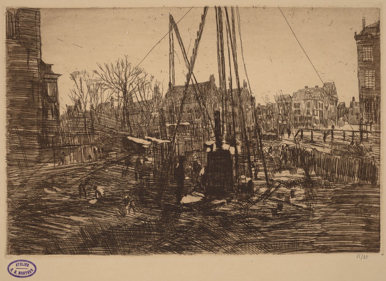 Escena en una ciudad neerlandesa con una hinca pilotes en primer plano de George Hendrik Breitner