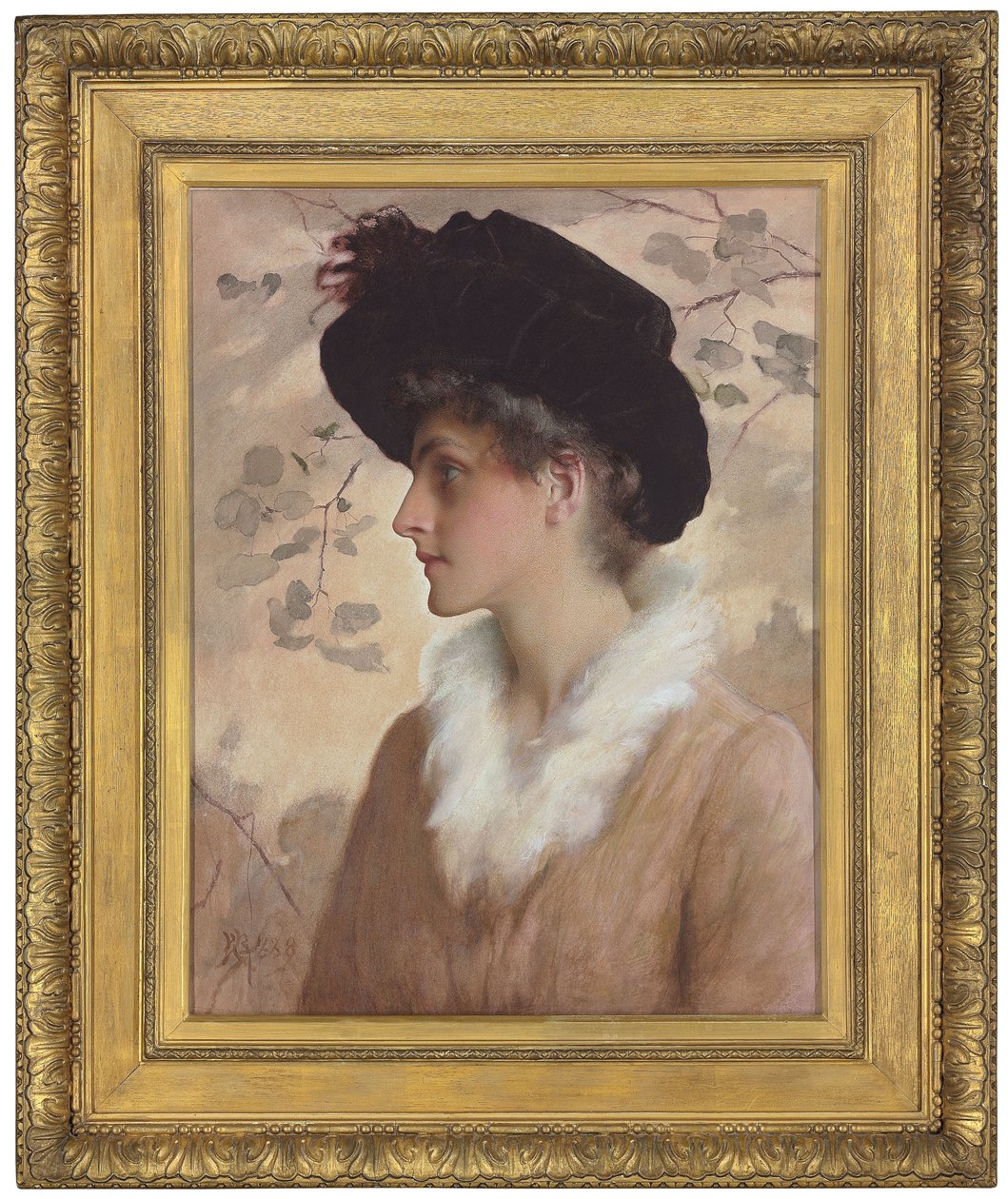 Retrato de una dama, medio cuerpo, con sombrero negro y estola de piel, 1888 de George Henry Boughton