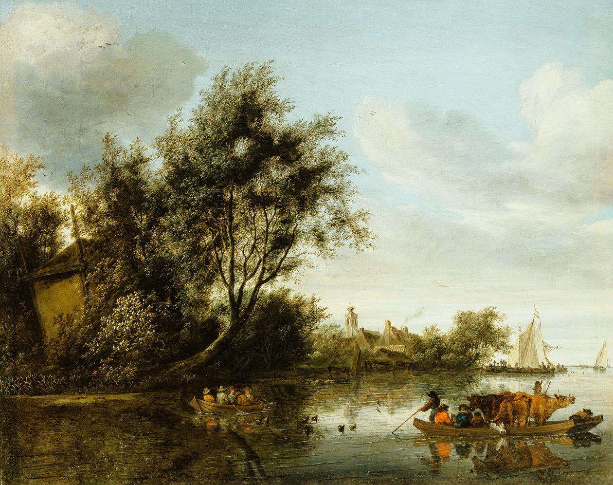 Un paisaje fluvial con un pajar entre árboles y un ferry con pasajeros y ganado de George Henry Clements