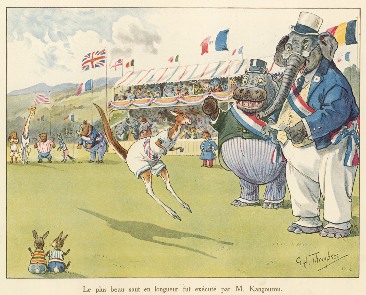 El mejor salto de longitud fue ejecutado por M Kangourou (litografía en color) de George Henry Thompson