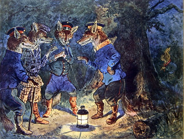 "El Sr. Lapinot lo oye todo", ilustración de "Los Juegos Olímpicos de los Animales", c.1910 (litografía en color) de George Henry Thompson