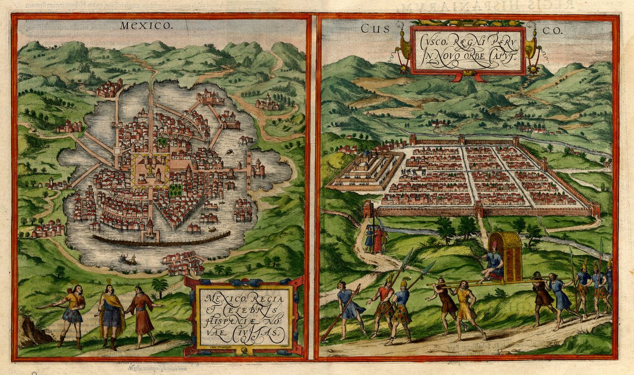 Vistas de Ciudad de México (antigua Tenochtitlán) y Cuzco de George & Hogenberg Frans & Pinet Antoine du Braun