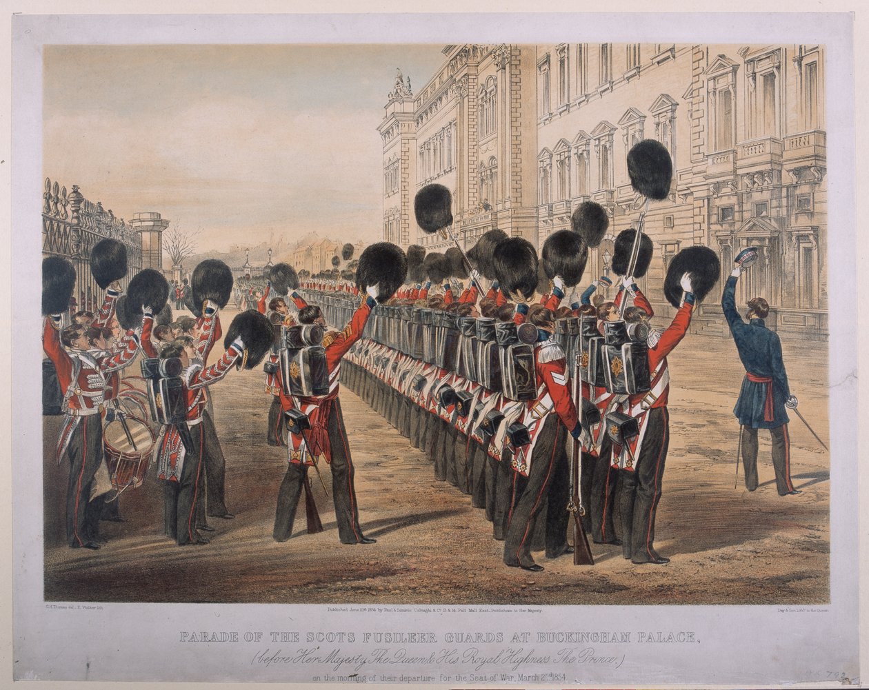 Desfile de los Guardias Fusileros Escoceses en el Palacio de Buckingham en la mañana de su partida hacia el frente de guerra, 2 de marzo de 1854, grabado por E. Walker, publicado por Colnaghi und Co., 1854 de George Housman Thomas