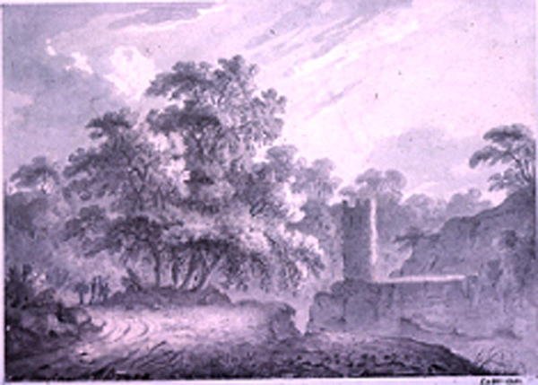 Un camino rural con viajeros junto a una torre, construida en un acantilado rocoso, en Marino, cerca del lago Albano de George Howland Beaumont