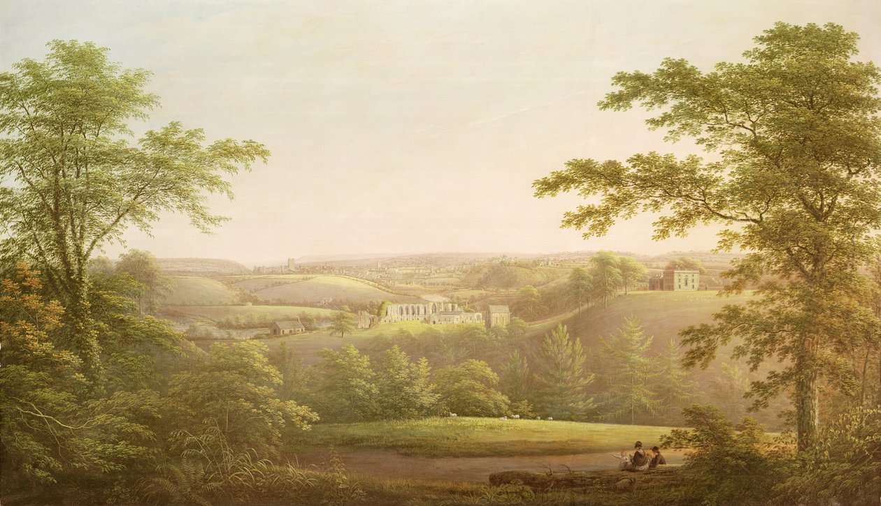 Easby Hall y Easby Abbey con Richmond, Yorkshire, en el fondo, c.1790-1810 de George Cuitt