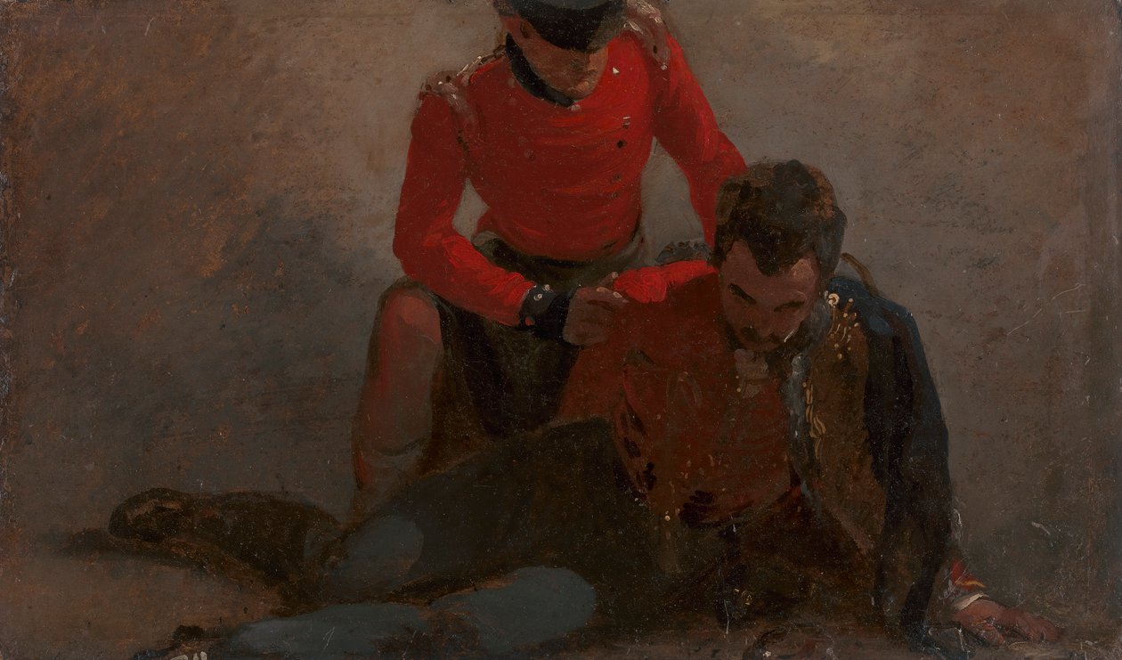 Un Highlander del 42 atendiendo a un general del 7º de Húsares, posiblemente Henry William Bayly, primer conde de Uxbridge, más tarde primer marqués de Anglesey: un estudio para "La batalla de Waterloo". de George Jones