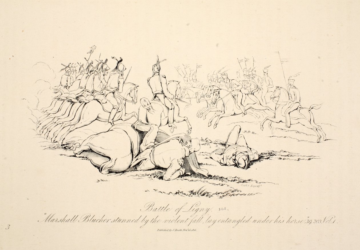 Batalla de Ligny: Marshall Blucher aturdido por la violenta caída quedó enredado bajo su caballo, pub J. Booth, 1816 de George Jones