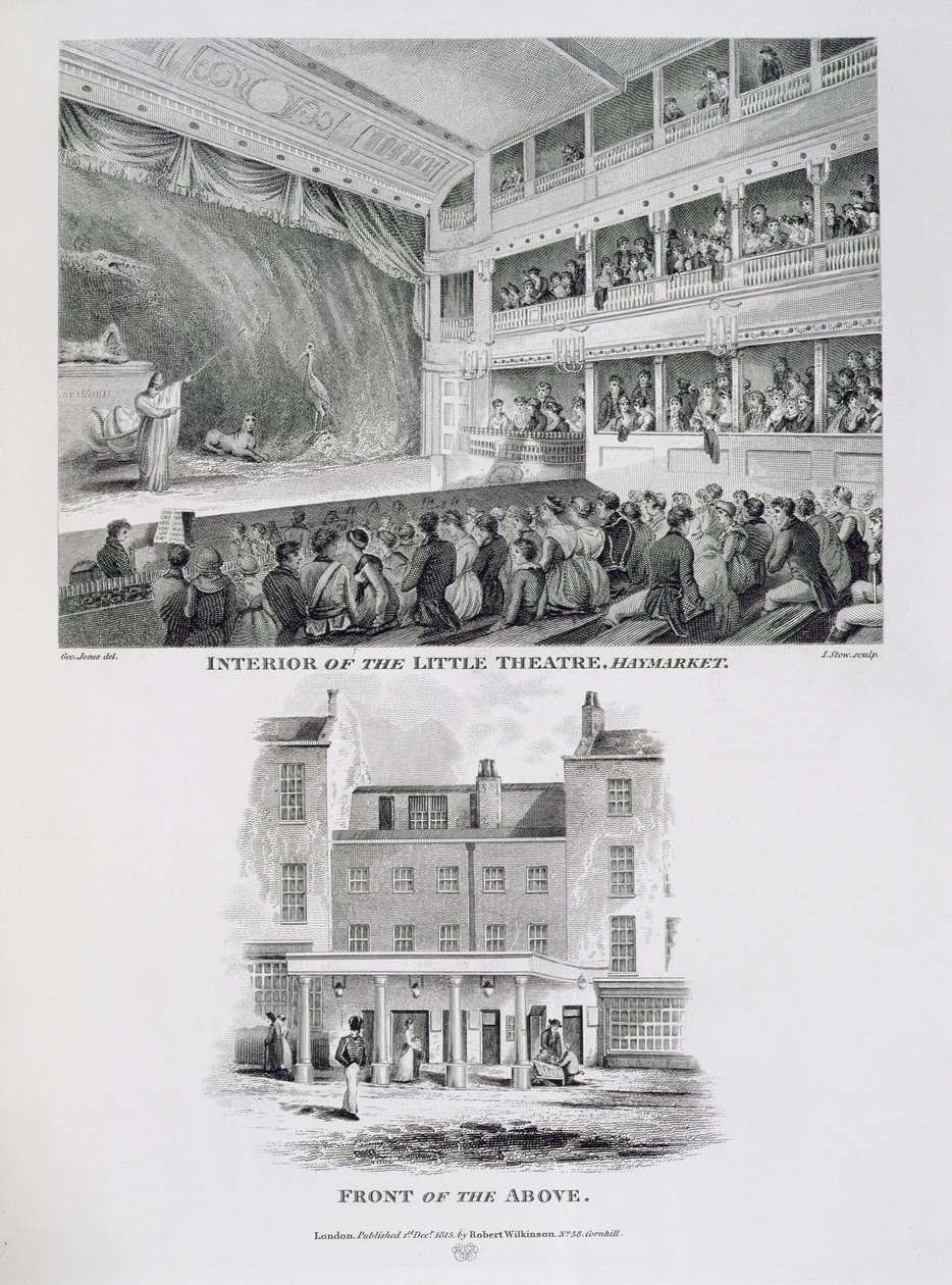 Interior del Pequeño Teatro, Haymarket en Londres y el Frente del Mismo, grabado por James Stow de George Jones