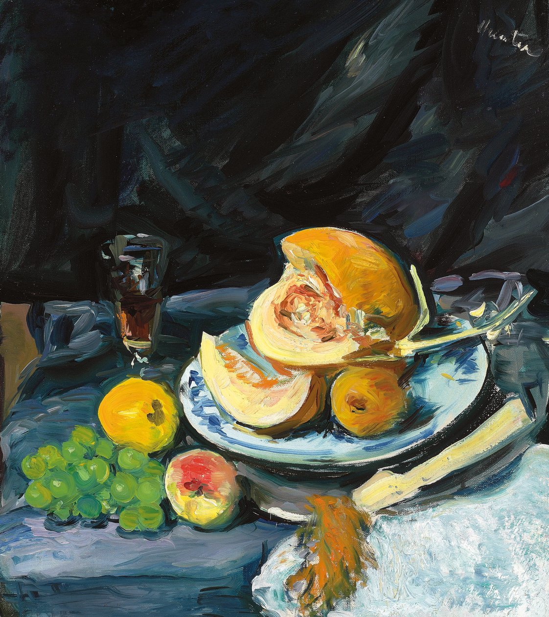 Naturaleza muerta con melón cortado, vaso y abanico, c. 1920 de George Leslie Hunter