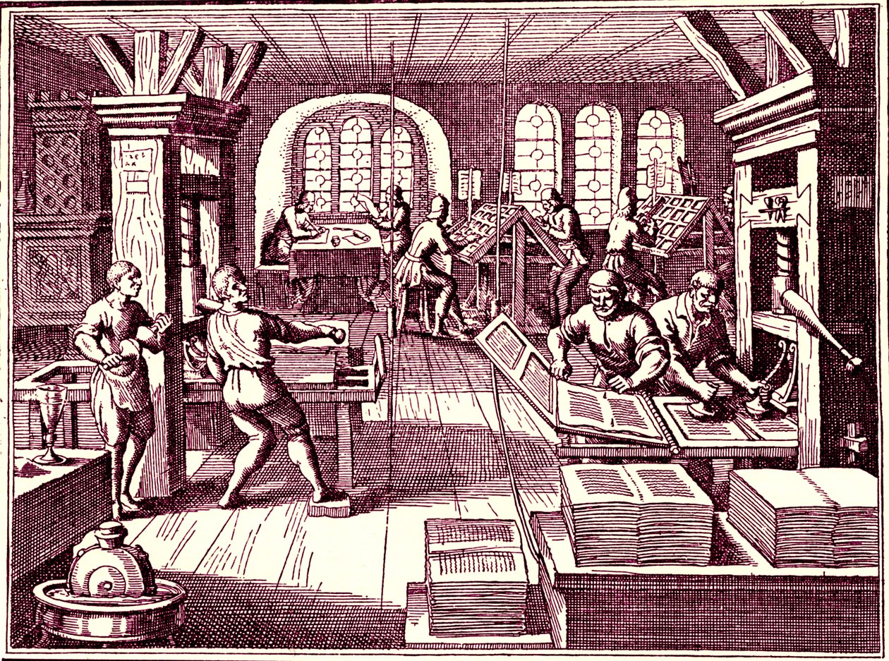 Dentro de una imprenta, Alemania 1619 (grabado) de Bartolome Esteban and studio Murillo