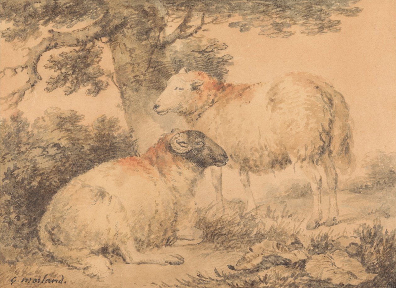Un carnero y una oveja en un paisaje de George Morland