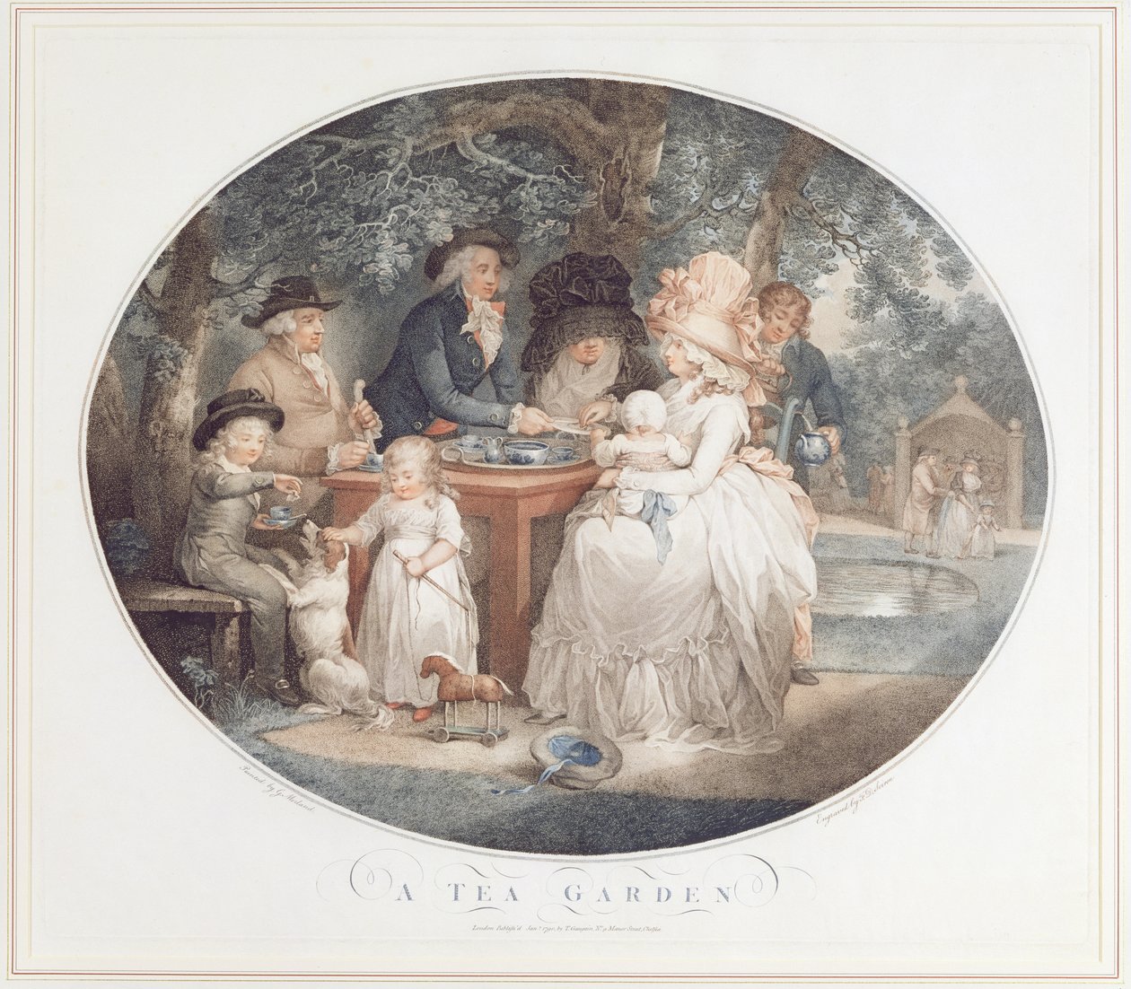 Un Jardín de Té, grabado a color después de Morland por Francois David Saron de George Morland