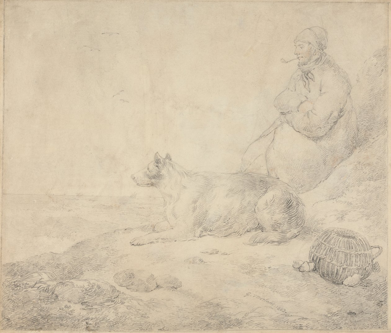 Pescador y perro sentados junto a la costa de George Morland