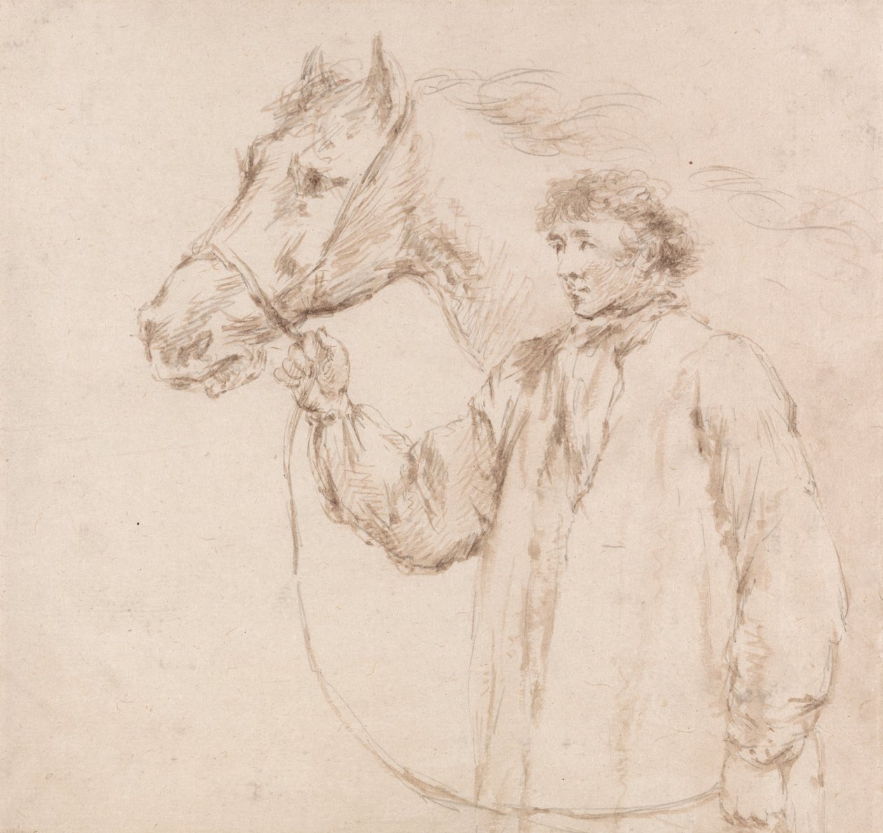 Hombre sujetando al caballo por la brida de George Morland