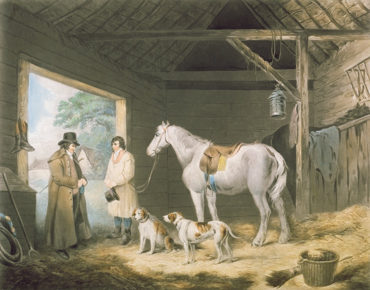 Pagando al mozo de cuadra, grabado por Samuel William Reynolds, publicado por H. Macklin, 1805 (mezzotinta) de George Morland