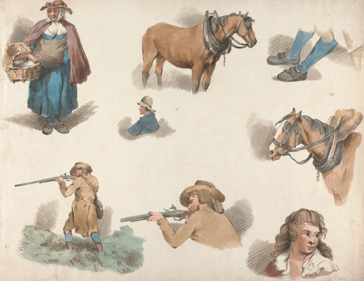 Conjunto de cinco: Ocho estudios: Mujer con cesta, Caballo de carro cegado, etc. de George Morland