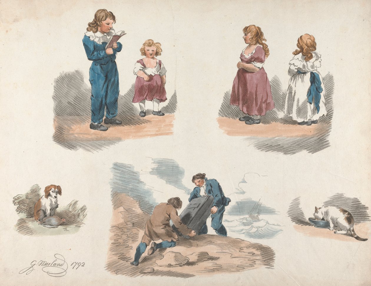 Conjunto de cinco: Estudios de niños, un perro, un gato, etc. de George Morland