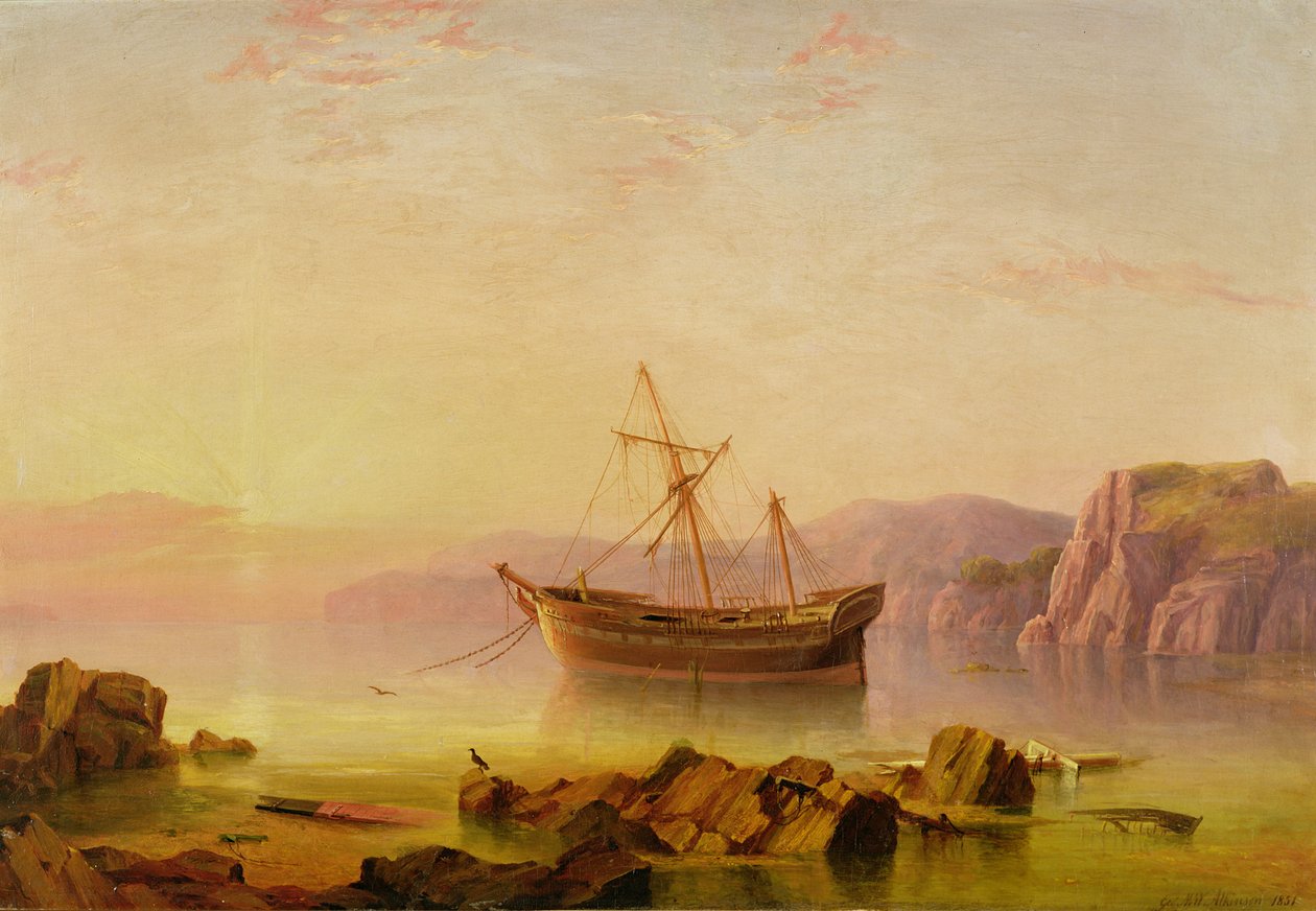 Un barco anclado en una bahía al atardecer de George Mounsey Wheatley Atkinson