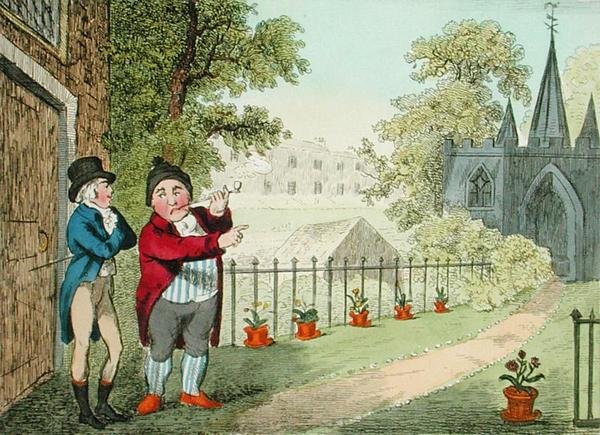 Mostrando un jardín, grabado por Isaac Cruikshank, publicado en 1796 de George Moutard (after) Woodward