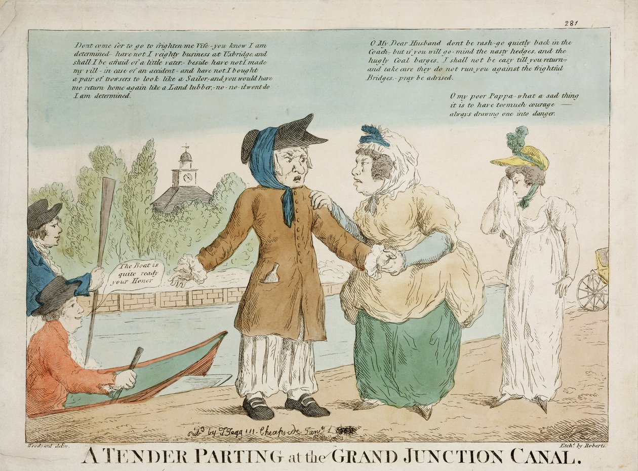 Una despedida tierna en el Gran Canal Junction, grabado por Roberts, 1810s de George Moutard Woodward