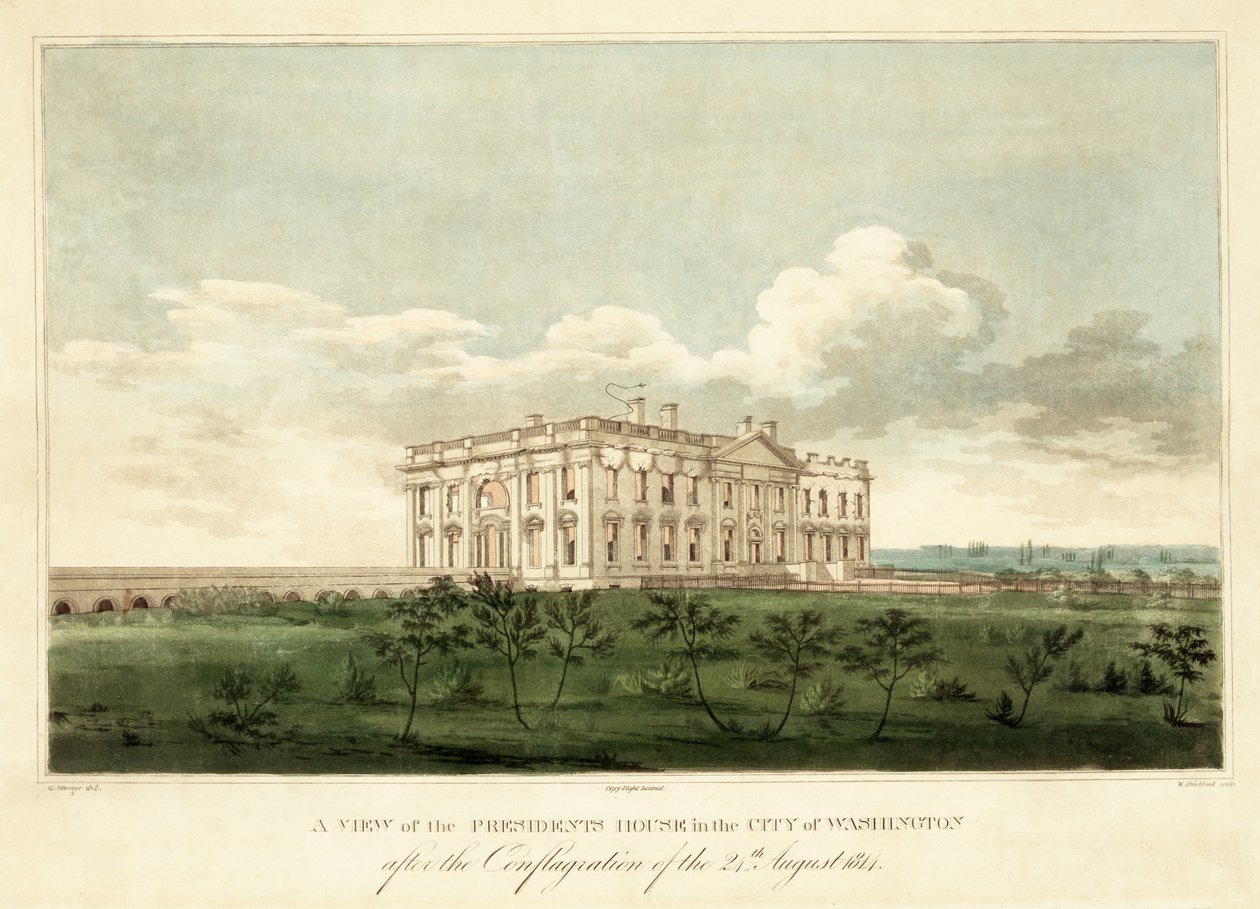 Una vista de la Casa del Presidente en la Ciudad de Washington después del incendio del 24 de agosto de 1814, pub. 1814 de George Moutard Woodward