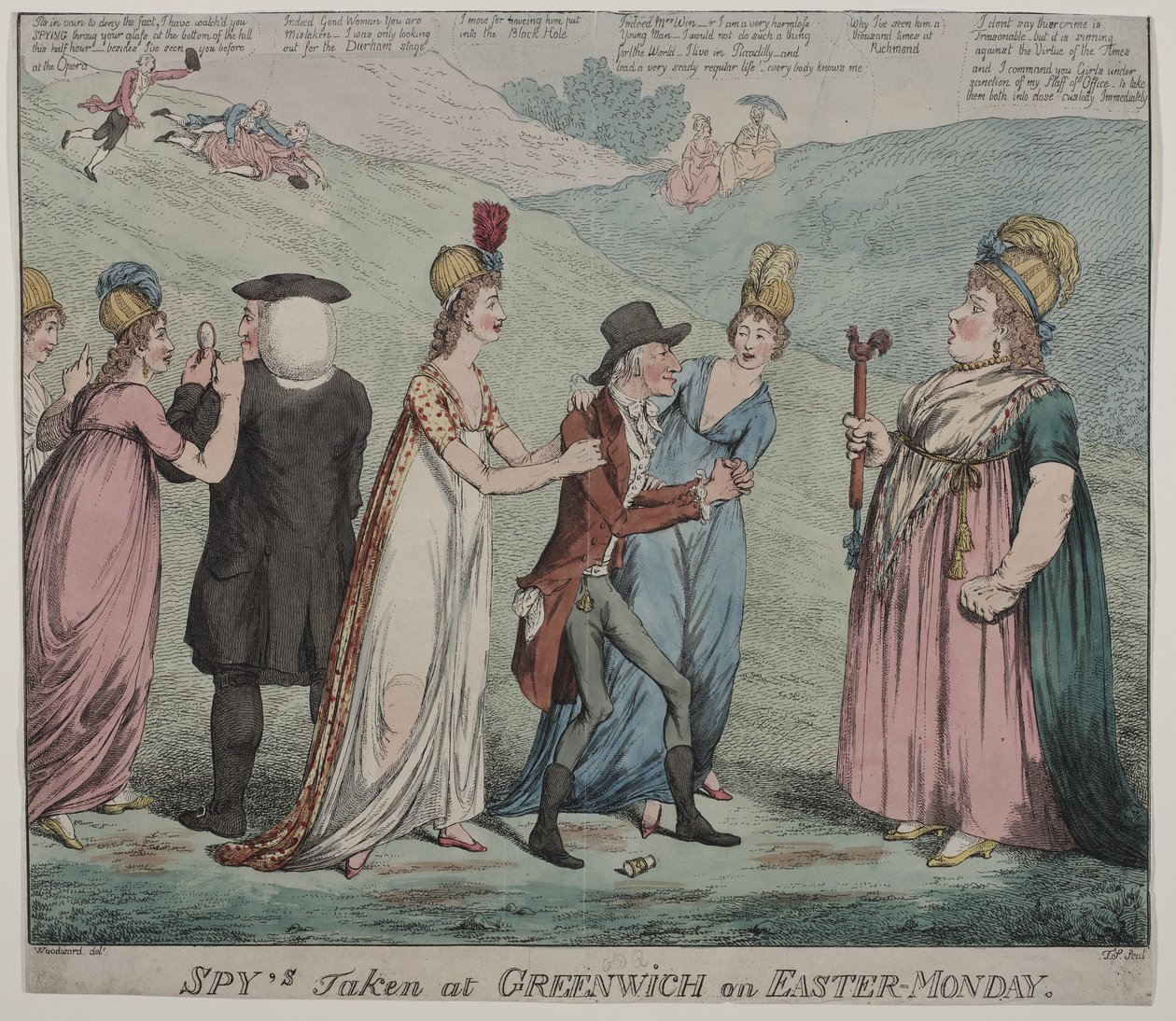 Madre Windsor con cuatro de sus cortesanas, ordena a sus chicas arrestar al obispo de Durham y al duque de Queensbury, 1798 de George Moutard Woodward