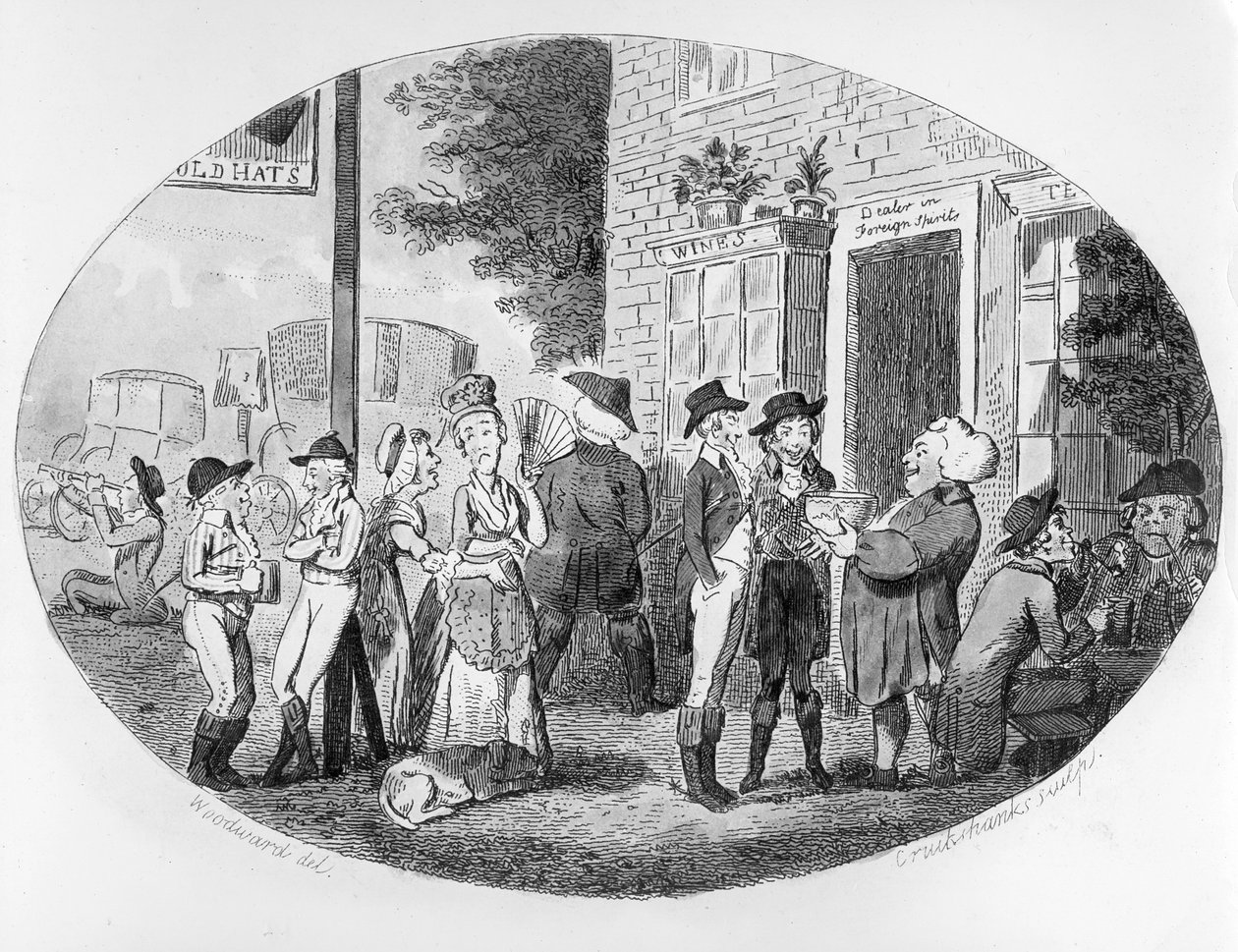 Fuera de la Antigua Taberna de Sombreros, grabado por Isaac Cruikshank, 1796 de George Moutard Woodward