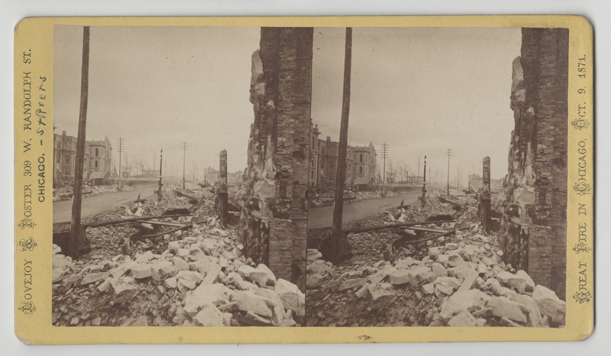 Estereografía de la calle Washington desde la esquina de LaSalle Street mirando al este después del incendio de Chicago de 1871, 1871 de George N. Barnard