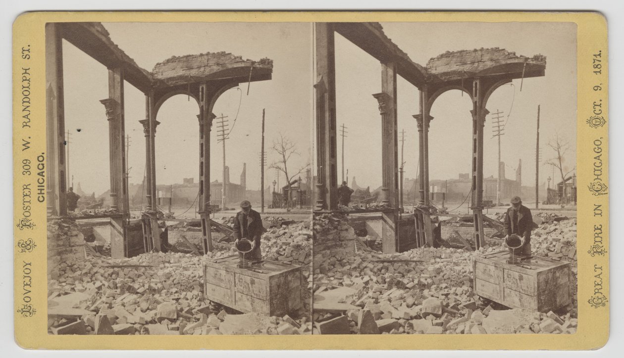 Estereografía de un hombre enfriando una caja fuerte entre las ruinas después del incendio de Chicago de 1871, 1871 de George N. Barnard