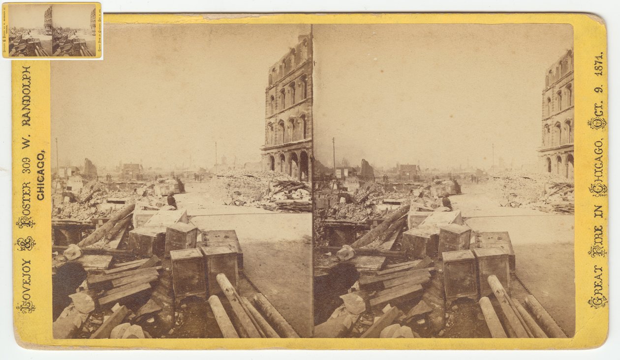 Estereografía de cajas fuertes sacadas de las ruinas en Dearborn Street después del incendio de Chicago de 1871, 1871 de George N. Barnard