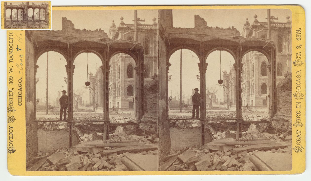 Estereografía del juzgado visto a través de las ruinas del lado este de Clark Street después del incendio de Chicago de 1871, 1871 de George N. Barnard