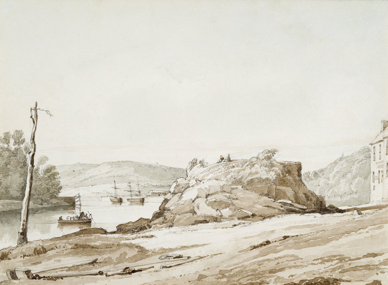 Briton Ferry (aguada sepia y lápiz sobre papel) de George Orleans Delamotte