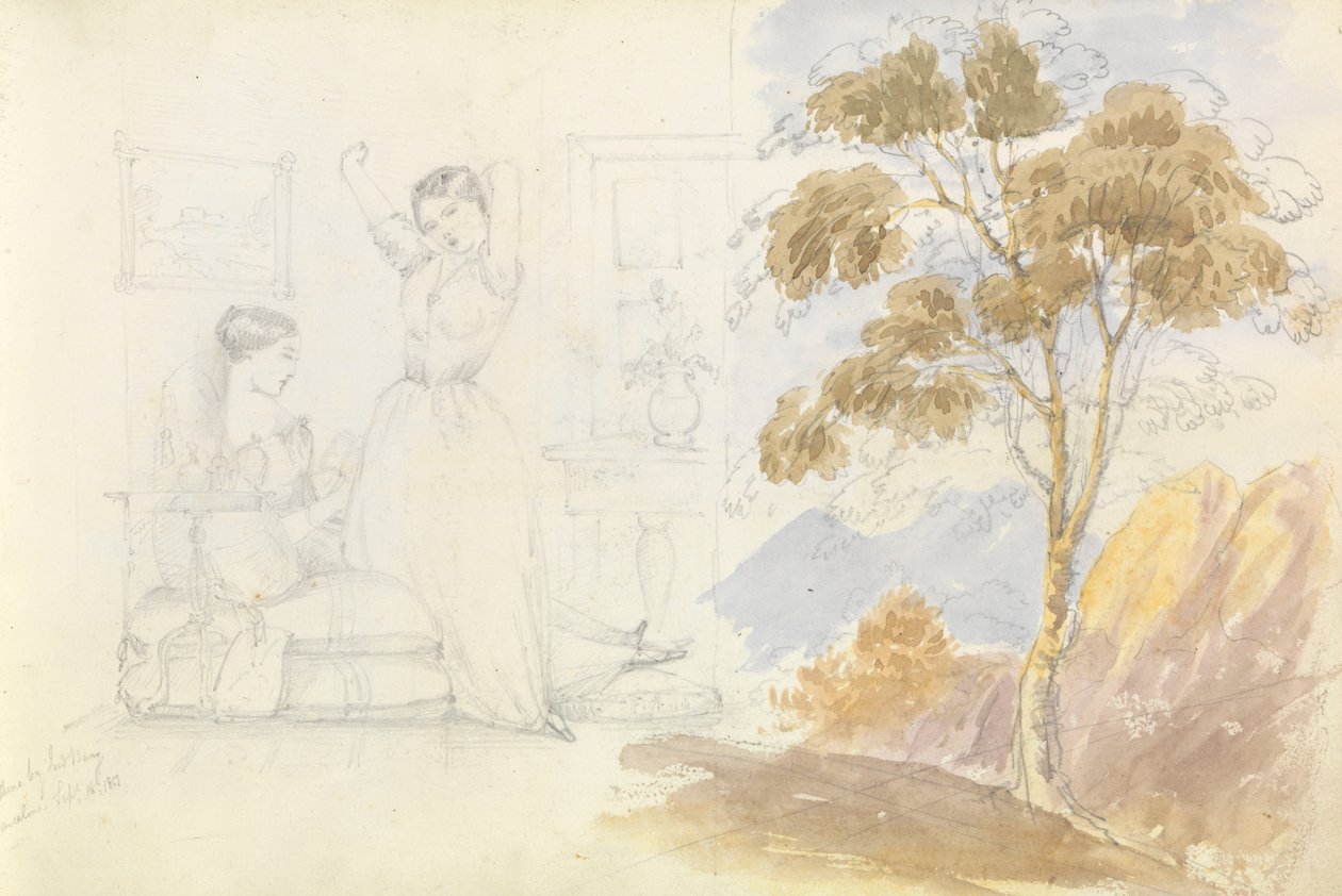 Dibujo de dos mujeres jóvenes, una sentada y leyendo y la otra estirándose y bostezando (dibujado por Lord Bury) con el dibujo de un árbol al lado. de George Pechell Mends