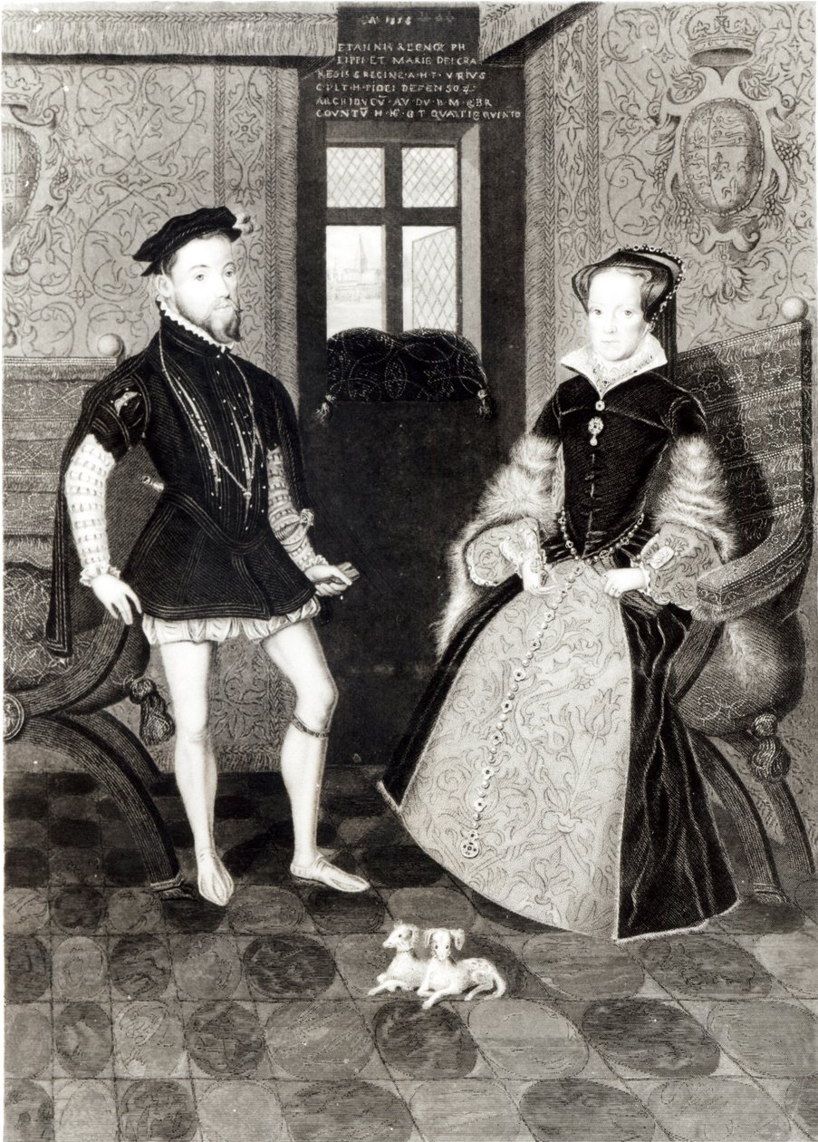 Retrato de Felipe II de España (1527-98) y la Reina María I (1516-58) grabado por Joseph Brown, 1812 de George Perfect Harding