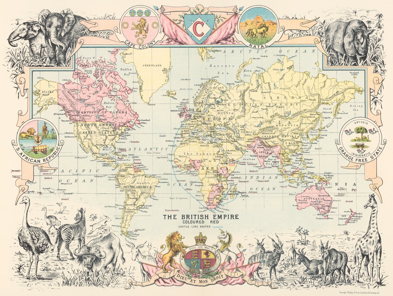 Mapa del imperio mundial británico, de Castle Line Atlas of South Africa de George Philip
