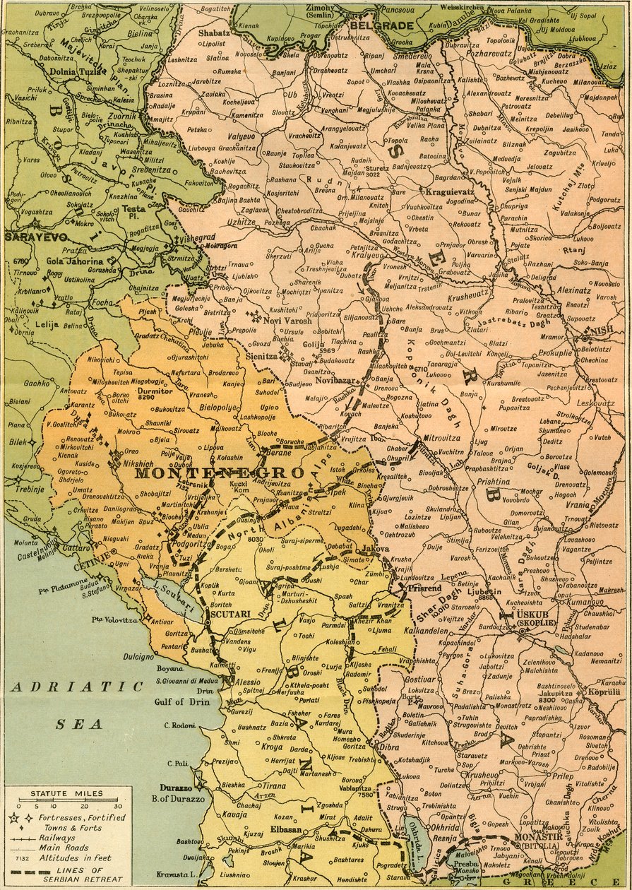 Mapa para ilustrar la retirada serbia, 1919 de George Philip and Son Ltd
