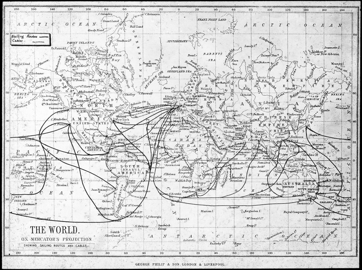 Mapa del mundo mostrando rutas de navegación y cables telegráficos de George Philip and Son Ltd