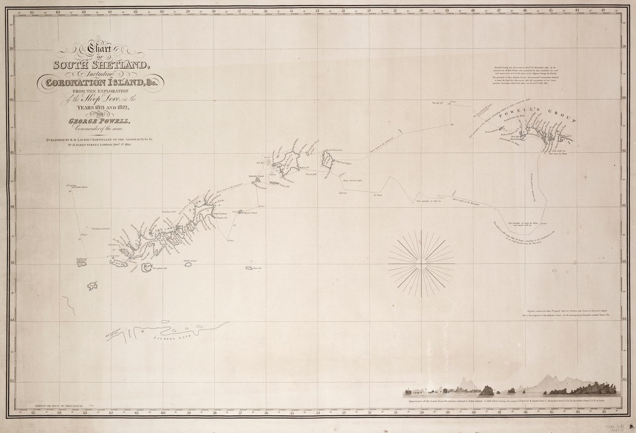Carta de las Shetland del Sur incluyendo la Isla Coronación, de la exploración de la balandra Dove en los años 1821 y 1822 por George Powell Comandante de la misma. de George Powell