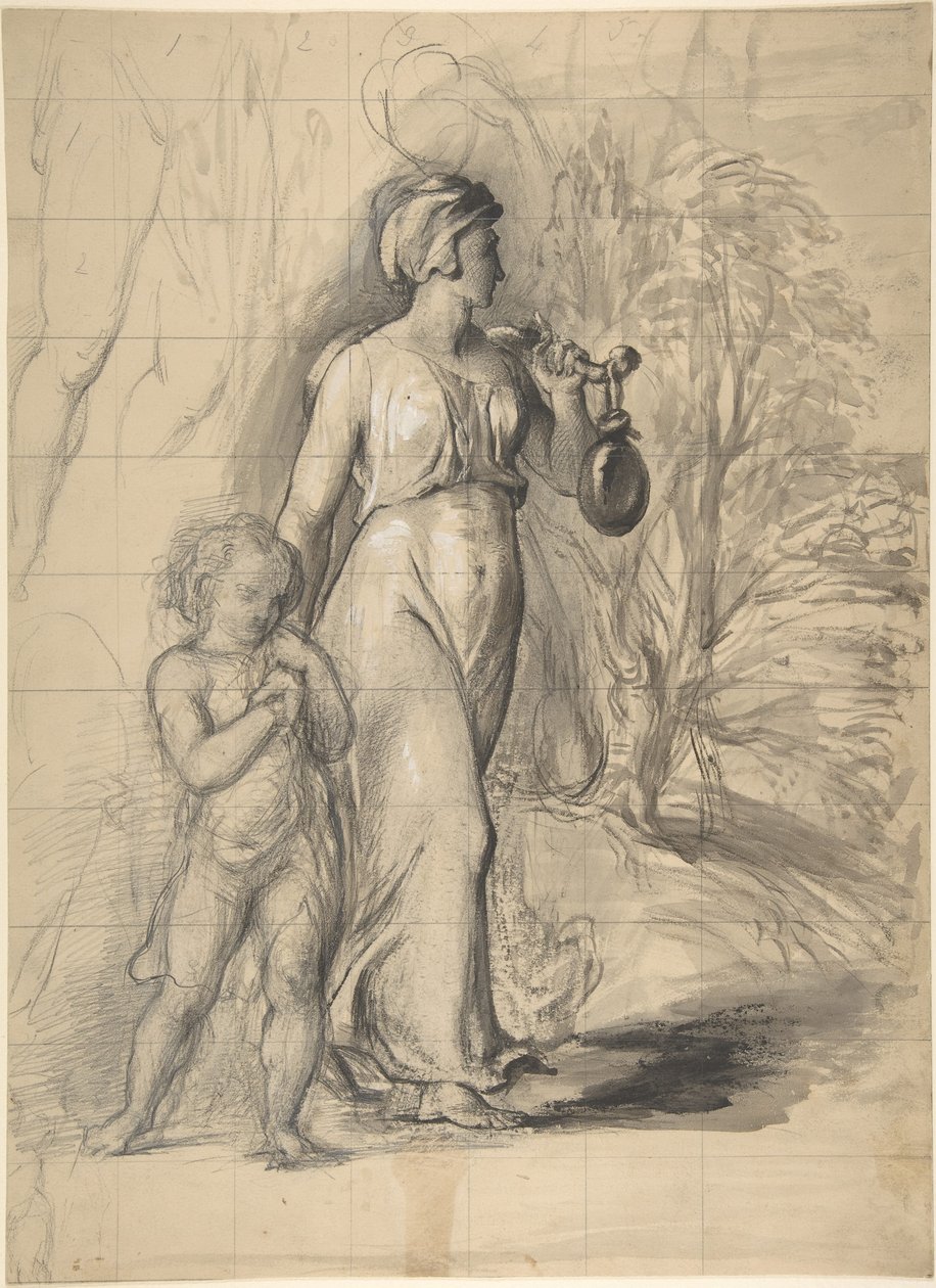 Agar e Ismael en el desierto (anverso); dos estudios de retrato de la esposa del artista y un estudio de una pierna y un torso (reverso) de George Richmond