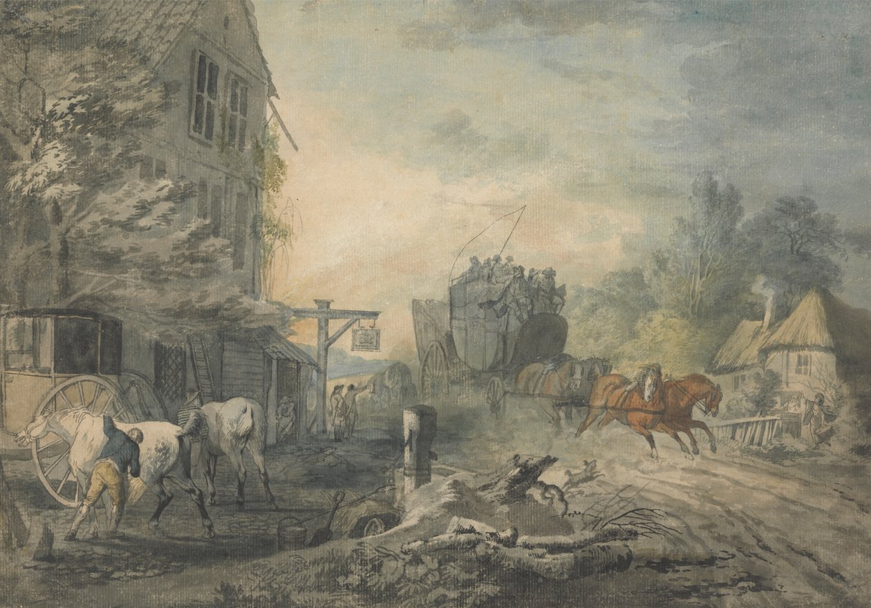 Una diligencia y cuatro personas atraviesan un pueblo en la carretera Bath-Londres de George Robertson