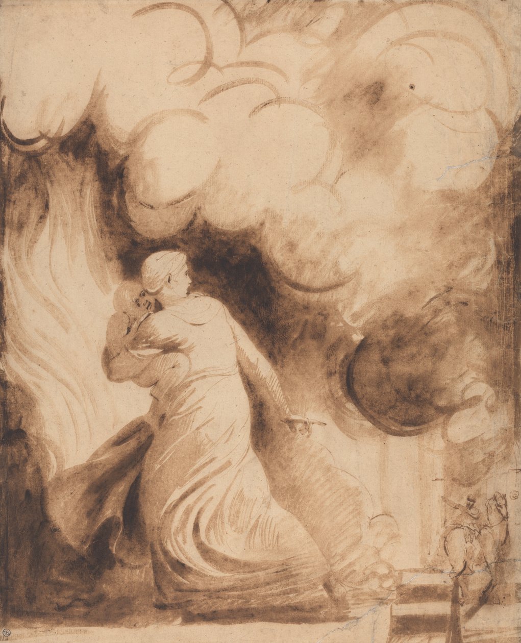 Una madre con su hijo en brazos volando sobre las murallas de una ciudad en llamas (Lady Hamilton como "Andrómaca" escapando de la quema de Troya; El fuego) de George Romney