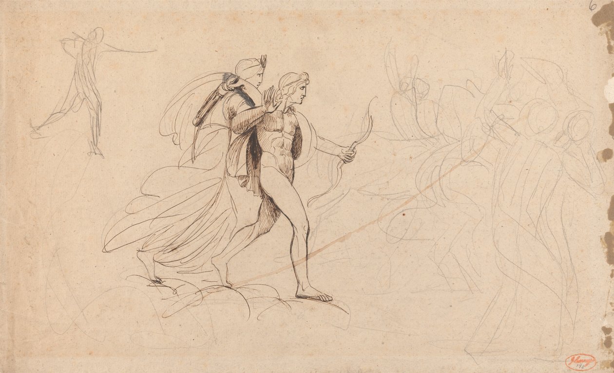 Apolo, Diana y el jinete en «La muerte de los hijos de Níobe» de George Romney