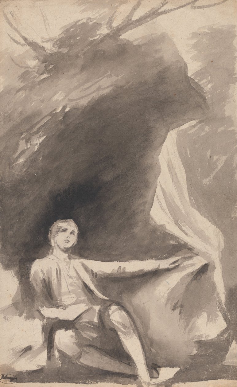 Un niño sentado bajo una roca de George Romney