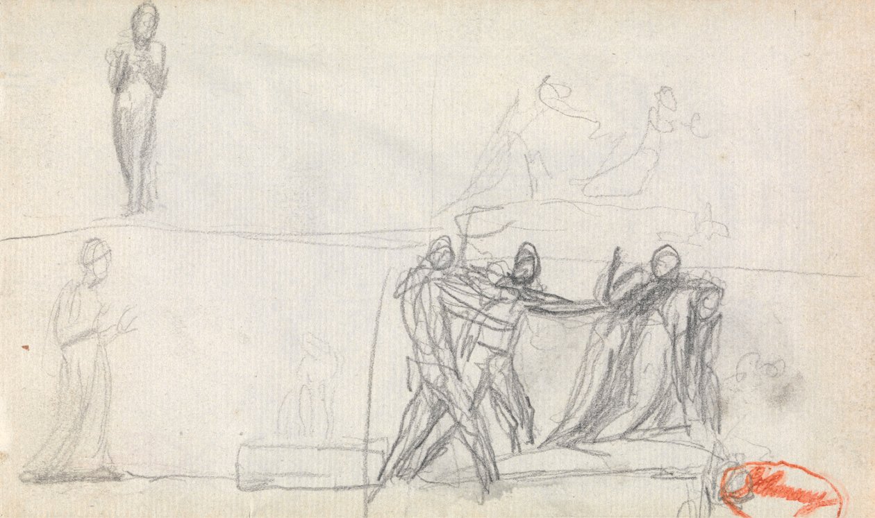 Escena colectiva y dos bocetos de una figura de pie de George Romney