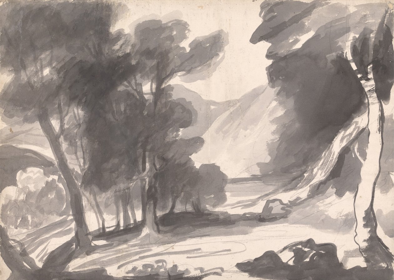 Estudio paisajístico: bosquecillo, lago y montañas de George Romney