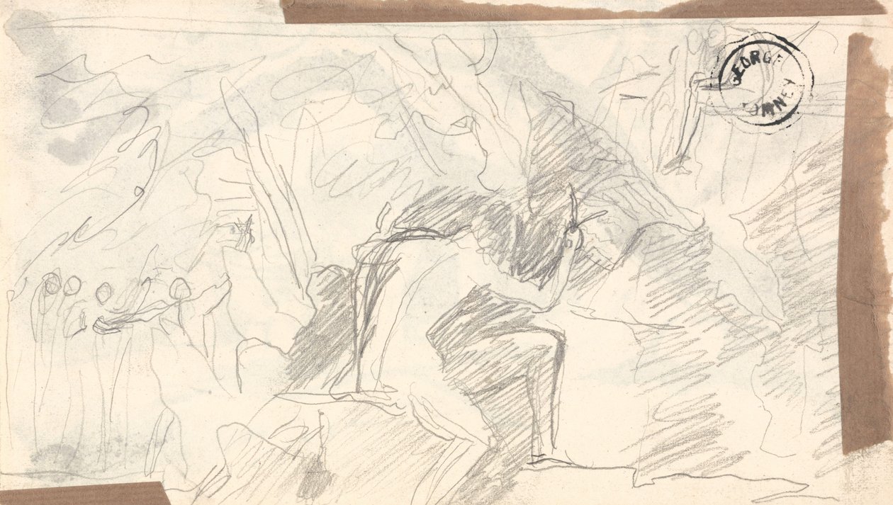 Hombre desnudo en un paraje rocoso y salvaje con figuras en la lejanía de George Romney