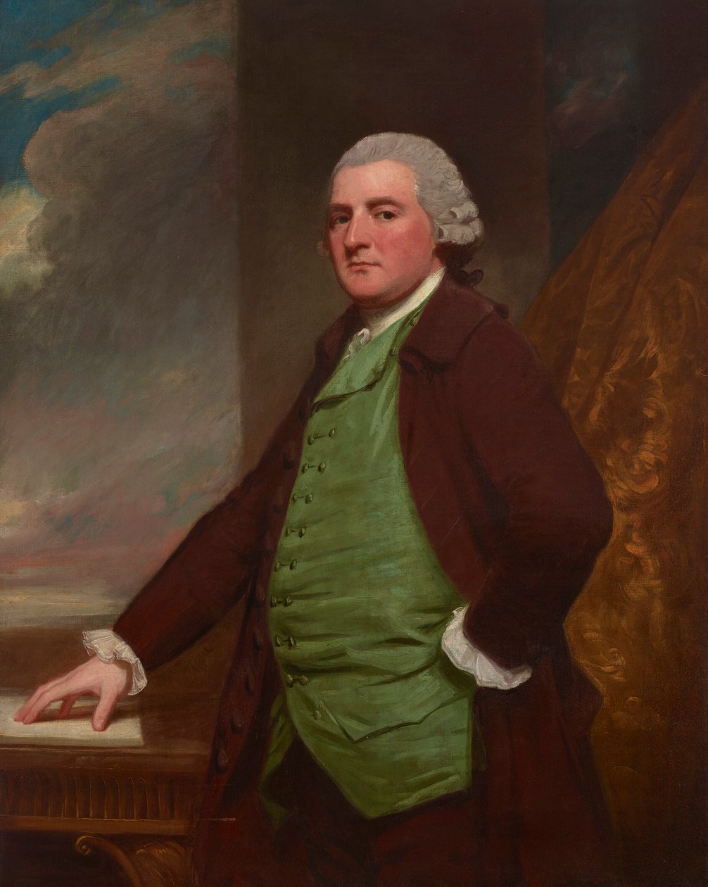 Retrato de James Cross de Clifton, Bristol (1739-1791), de tres cuartos, en una mesa con un paisaje al fondo de George Romney